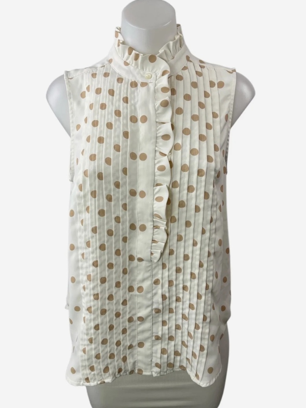 Ann Taylor Shirt - Off white with tan polka dot sleeveless pleated front blouse